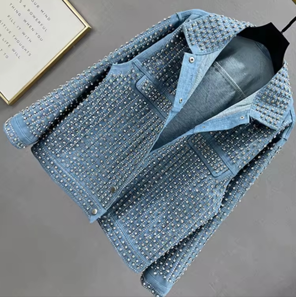 Patchwork Rivet Denim Jacket Women Fashion Lapel Long Sleeve - Picture 3 of 7